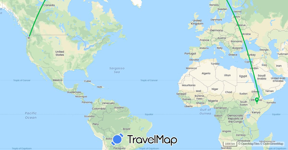 TravelMap itinerary: driving, bus, plane in Ethiopia, United States (Africa, North America)